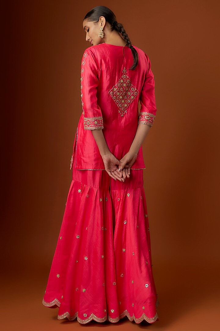 Red Pure Spun Silk Cutdana Embroidered Wedding Sharara Set by SURBHI SHAH at Pernia's Pop Up Shop