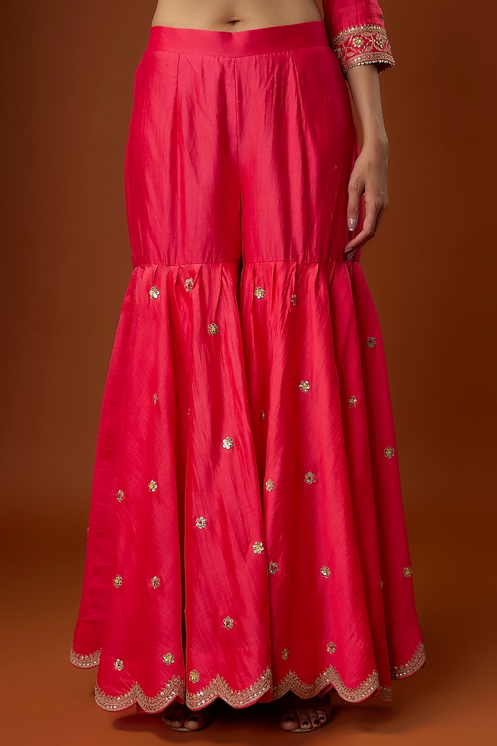 Red Pure Spun Silk Cutdana Embroidered Wedding Sharara Set by SURBHI SHAH at Pernia's Pop Up Shop