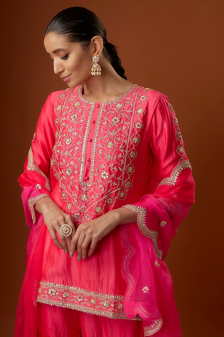 Red Pure Spun Silk Cutdana Embroidered Wedding Sharara Set by SURBHI SHAH at Pernia's Pop Up Shop