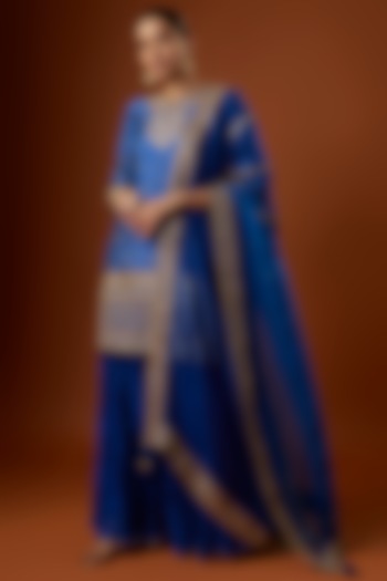 Teal Blue Bandhej Crushed Skirt Set by SURBHI SHAH at Pernia's Pop Up Shop