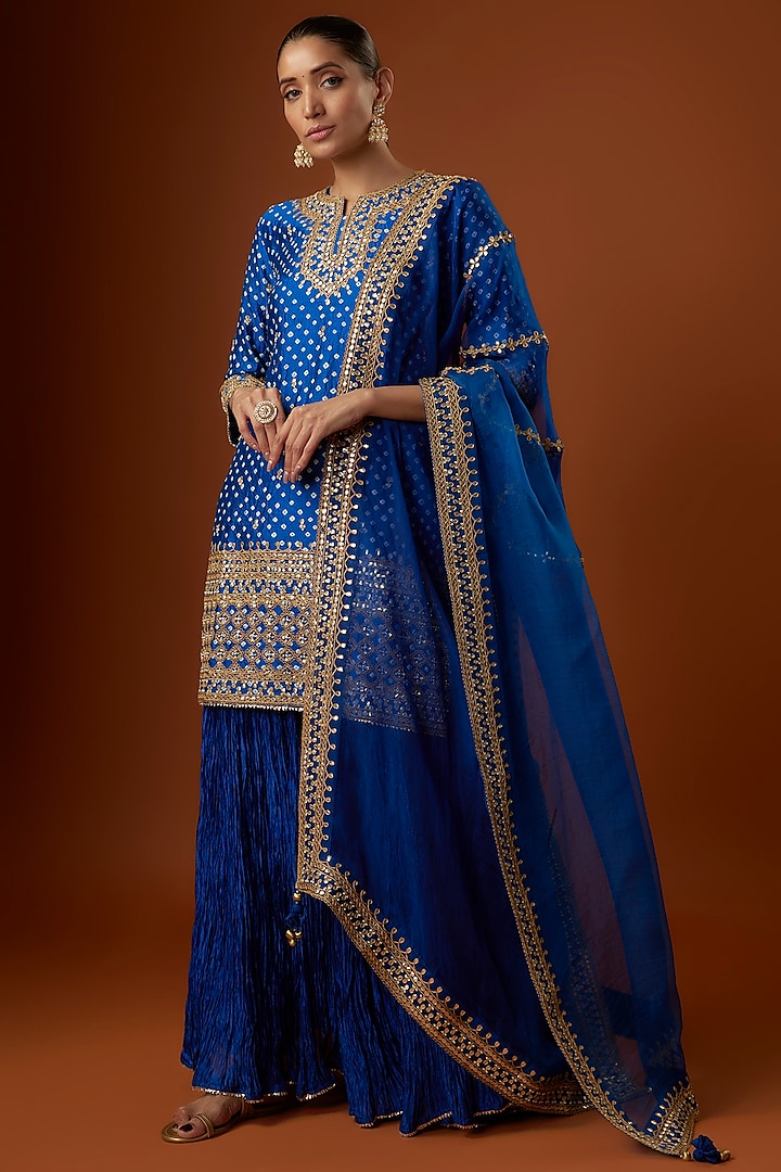 Teal Blue Bandhej Crushed Skirt Set by SURBHI SHAH at Pernia's Pop Up Shop