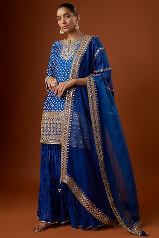 Teal Blue Bandhej Crushed Skirt Set by SURBHI SHAH