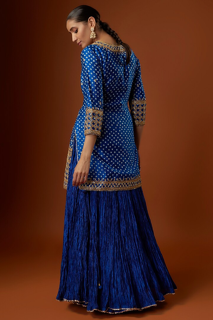 Teal Blue Bandhej Crushed Skirt Set by SURBHI SHAH at Pernia's Pop Up Shop