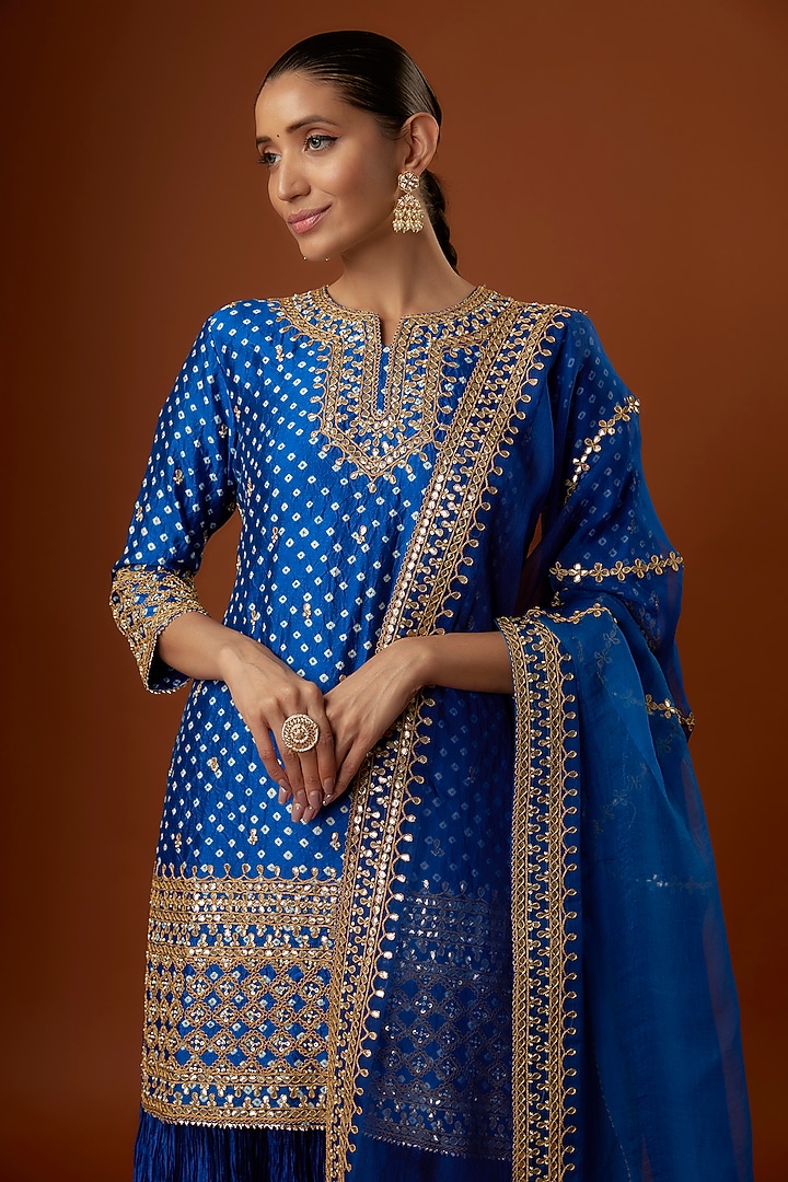 Teal Blue Bandhej Crushed Skirt Set by SURBHI SHAH at Pernia's Pop Up Shop