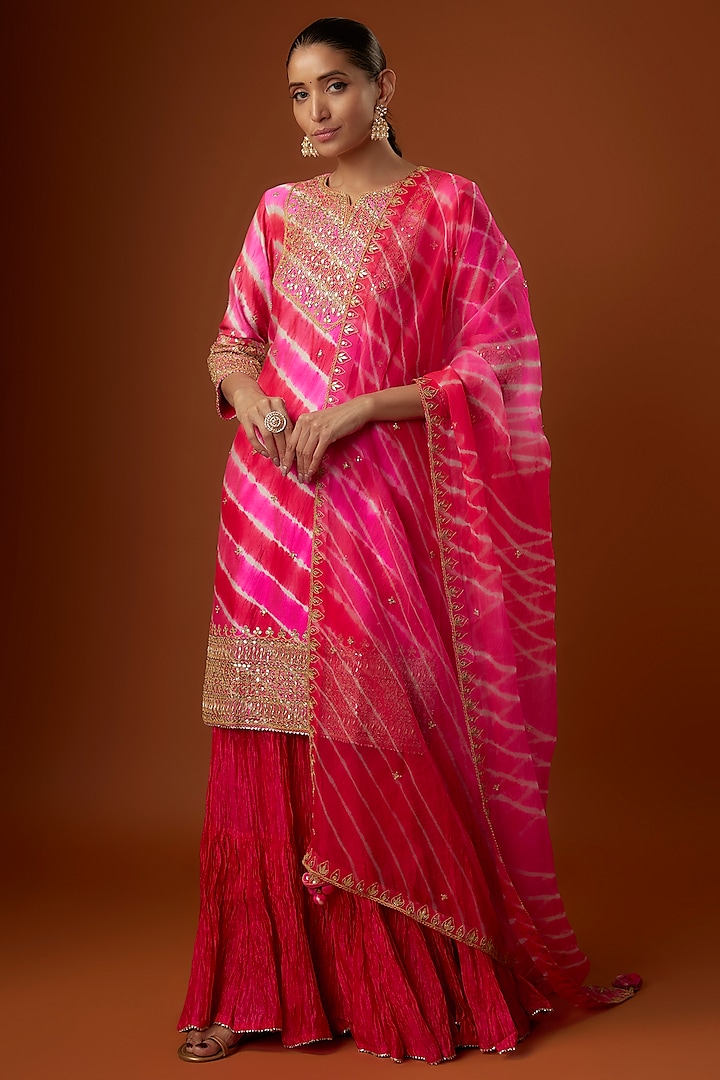 Hot Pink Pure Spun Silk Crushed Sharara Set by SURBHI SHAH at Pernia's Pop Up Shop