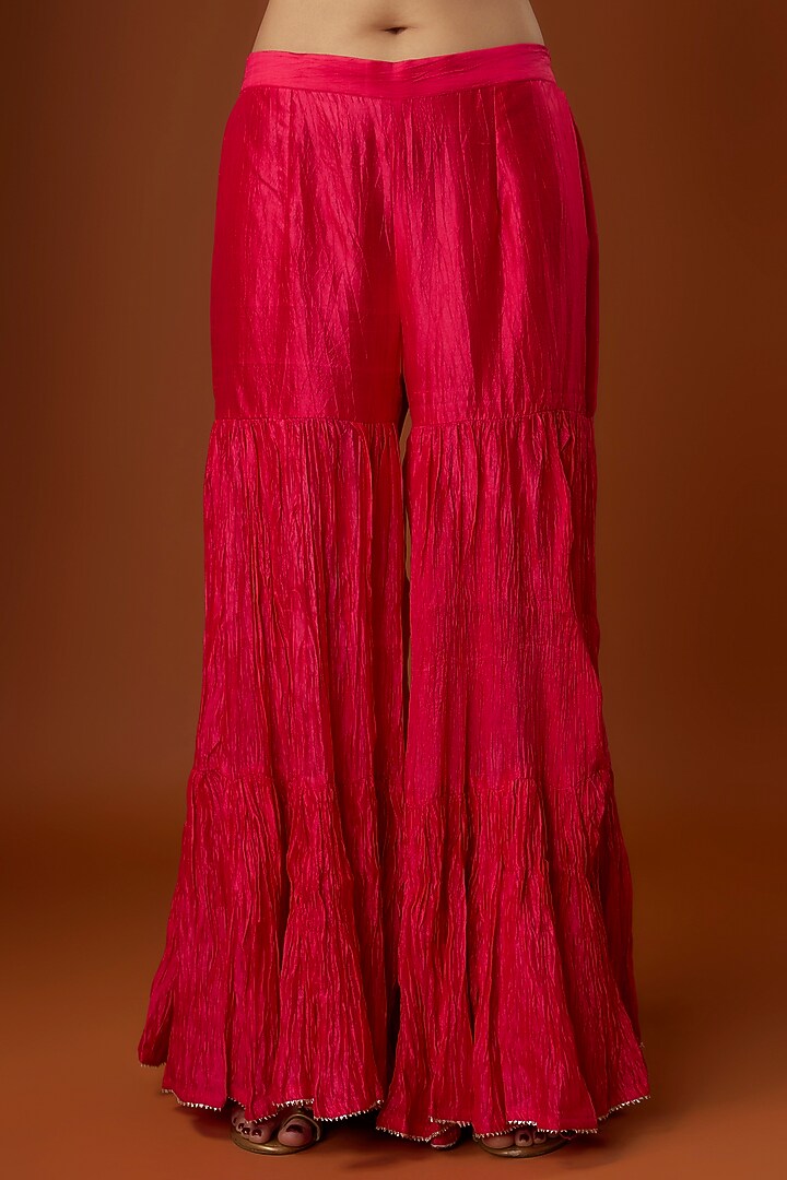 Hot Pink Pure Spun Silk Crushed Wedding Sharara Set by SURBHI SHAH at Pernia's Pop Up Shop