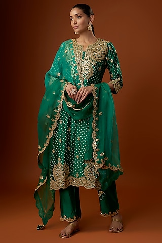 Emerald Green Pure Spun Silk Marori Embroidered Bandhej Kurta Set by SURBHI SHAH