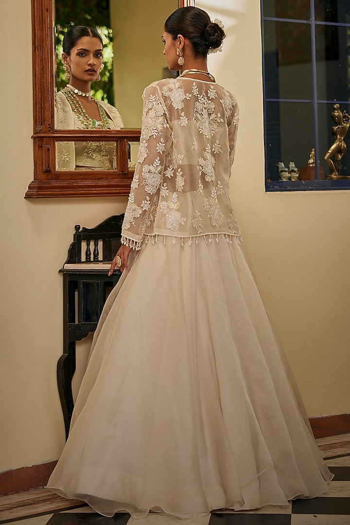 White Organza 3D Floral & Cutdana Work Jacket Set by SURBHI SHAH at Pernia's Pop Up Shop