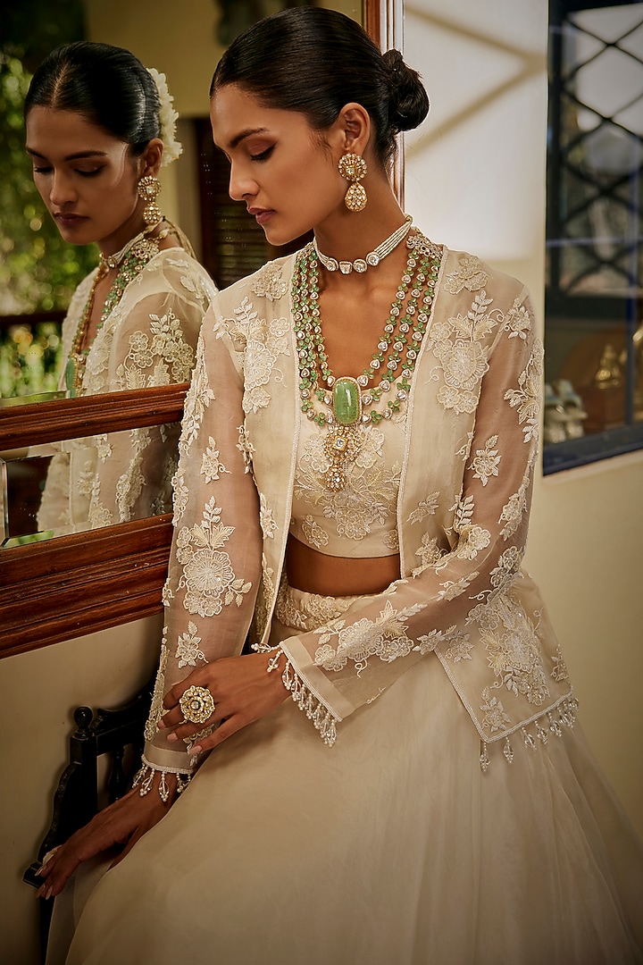 White Organza 3D Floral & Cutdana Work Jacket Set by SURBHI SHAH at Pernia's Pop Up Shop