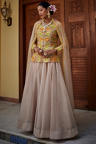 Silver Organza Sequins Work Jacket Set by SURBHI SHAH