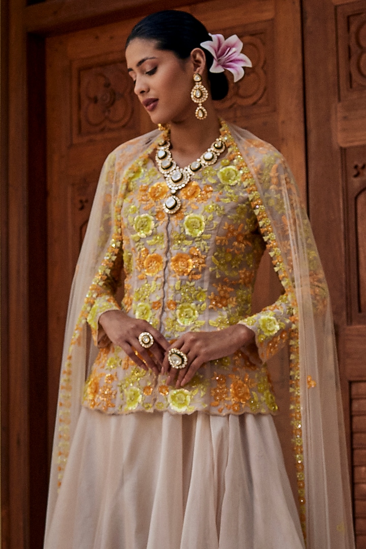 Silver Organza Sequins Work Jacket Set by SURBHI SHAH at Pernia's Pop Up Shop
