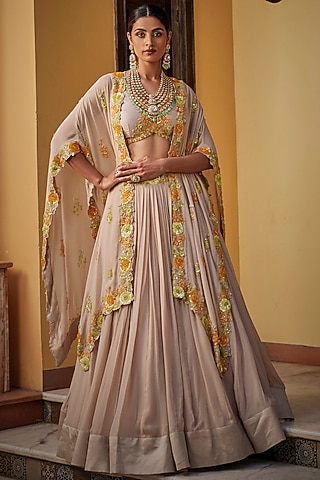 Silver Georgette Sequins Work Cape Set by SURBHI SHAH