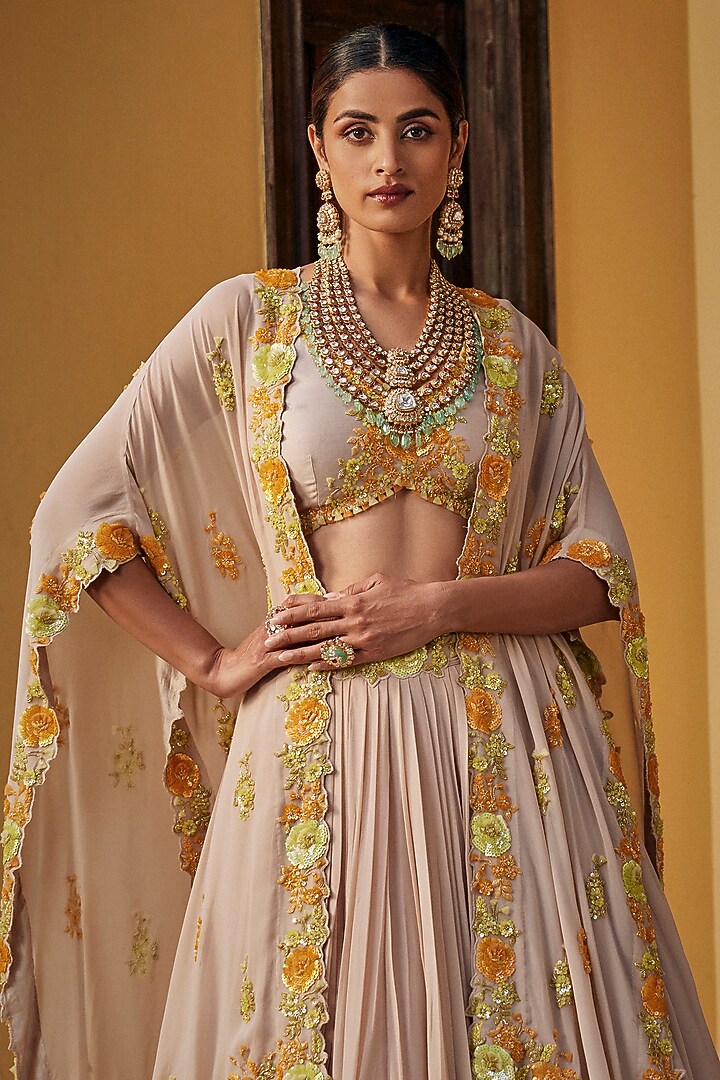 Silver Georgette Sequins Work Cape Set by SURBHI SHAH at Pernia's Pop Up Shop