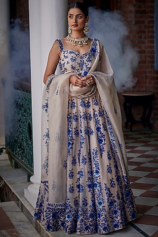 Silver & Blue Satin Organza Sequins Work Lehenga Set by SURBHI SHAH