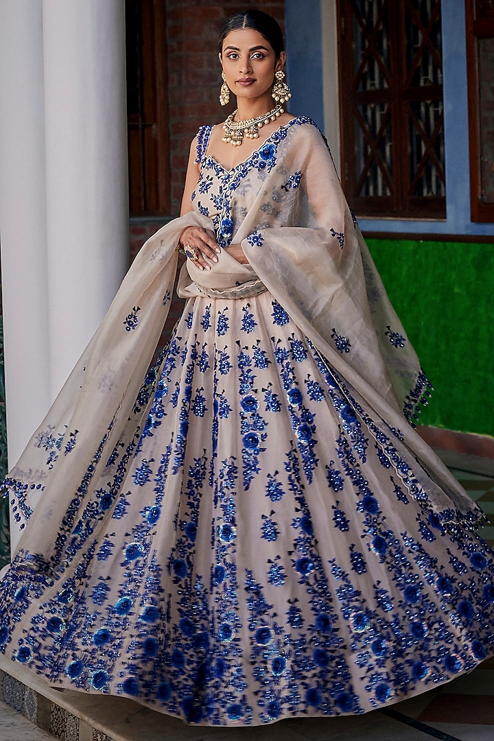 Silver & Blue Satin Organza Sequins Work Bridal Lehenga Set by SURBHI SHAH at Pernia's Pop Up Shop
