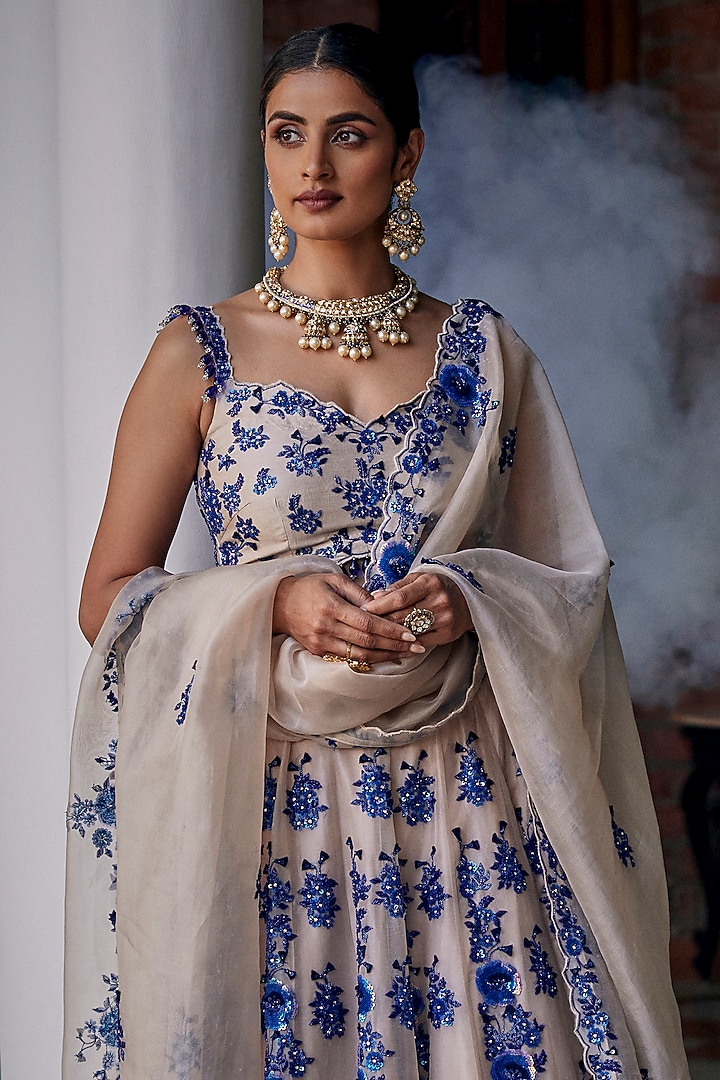 Silver & Blue Satin Organza Sequins Work Bridal Lehenga Set by SURBHI SHAH at Pernia's Pop Up Shop