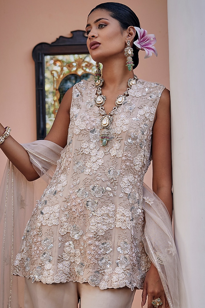 Silver Georgette Sequins Work Kurta Set by SURBHI SHAH at Pernia's Pop Up Shop