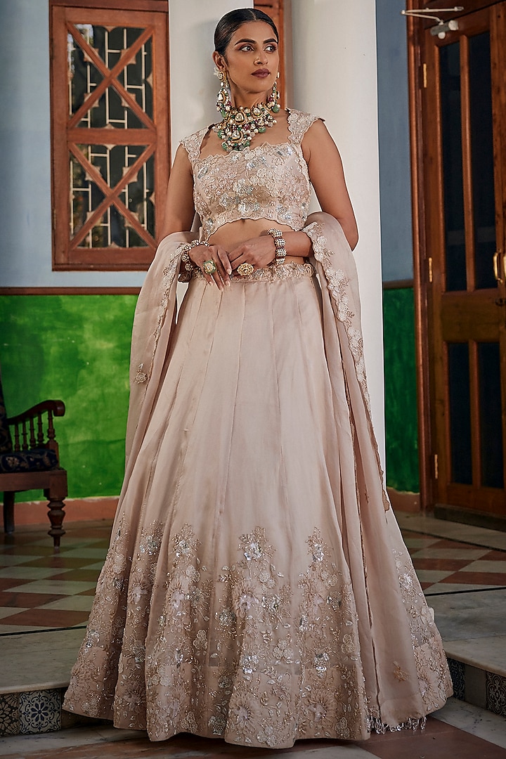 Silver Satin Organza Sequins & Cutdana Work Bridal Lehenga Set by SURBHI SHAH at Pernia's Pop Up Shop