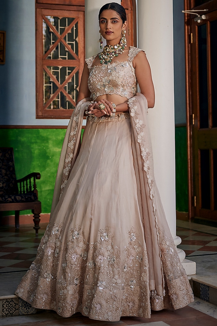 Silver Satin Organza Sequins & Cutdana Work Bridal Lehenga Set by SURBHI SHAH at Pernia's Pop Up Shop