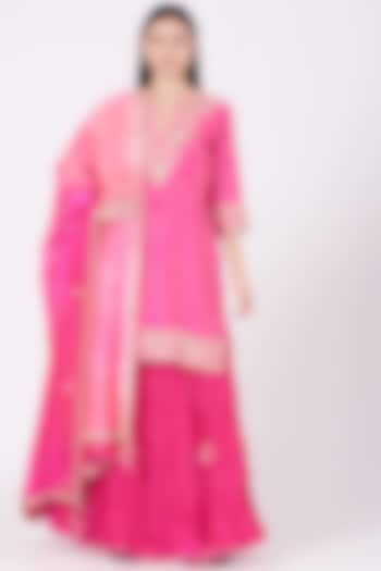Hot Pink Pure Kora Silk Sharara Set by SURBHI SHAH