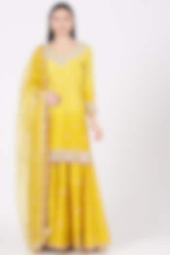Yellow Pure Kora Silk Sharara Set by SURBHI SHAH