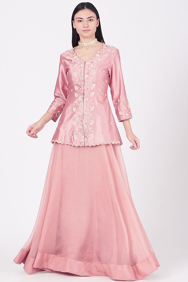 Rose Gold Pure Spun Silk Skirt Set by SURBHI SHAH