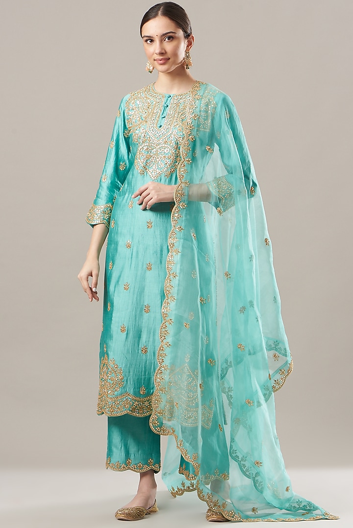 Sea Blue Embroidered Kurta Set by SURBHI SHAH at Pernia's Pop Up Shop