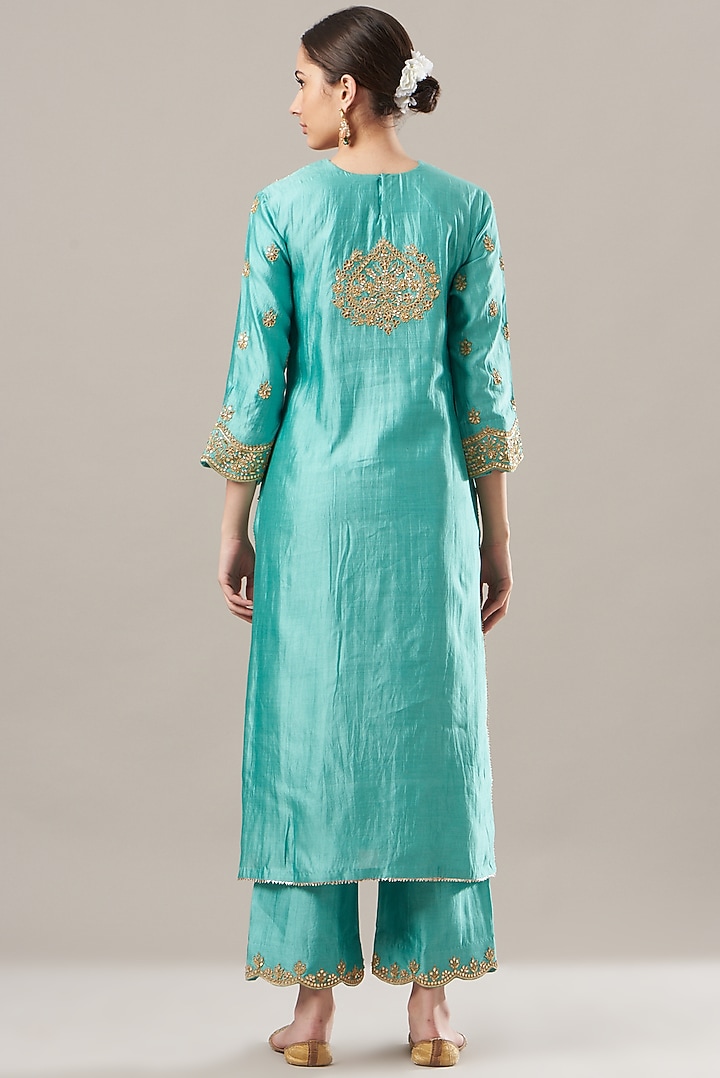 Sea Blue Embroidered Kurta Set by SURBHI SHAH at Pernia's Pop Up Shop