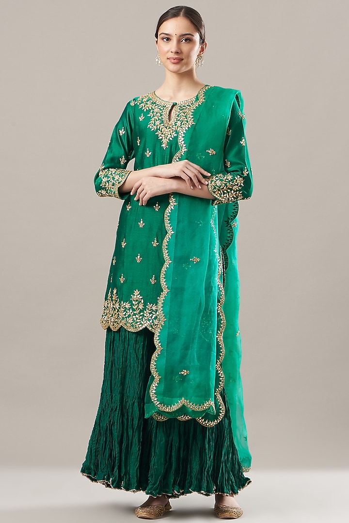 Bottle Green Crush Wedding Sharara Set by SURBHI SHAH at Pernia's Pop Up Shop