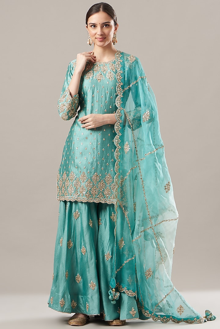 Steel Blue Silk Wedding Sharara Set by SURBHI SHAH at Pernia's Pop Up Shop