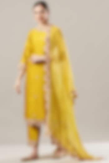 Mustard-Green Embroidered Kurta Set by SURBHI SHAH at Pernia's Pop Up Shop