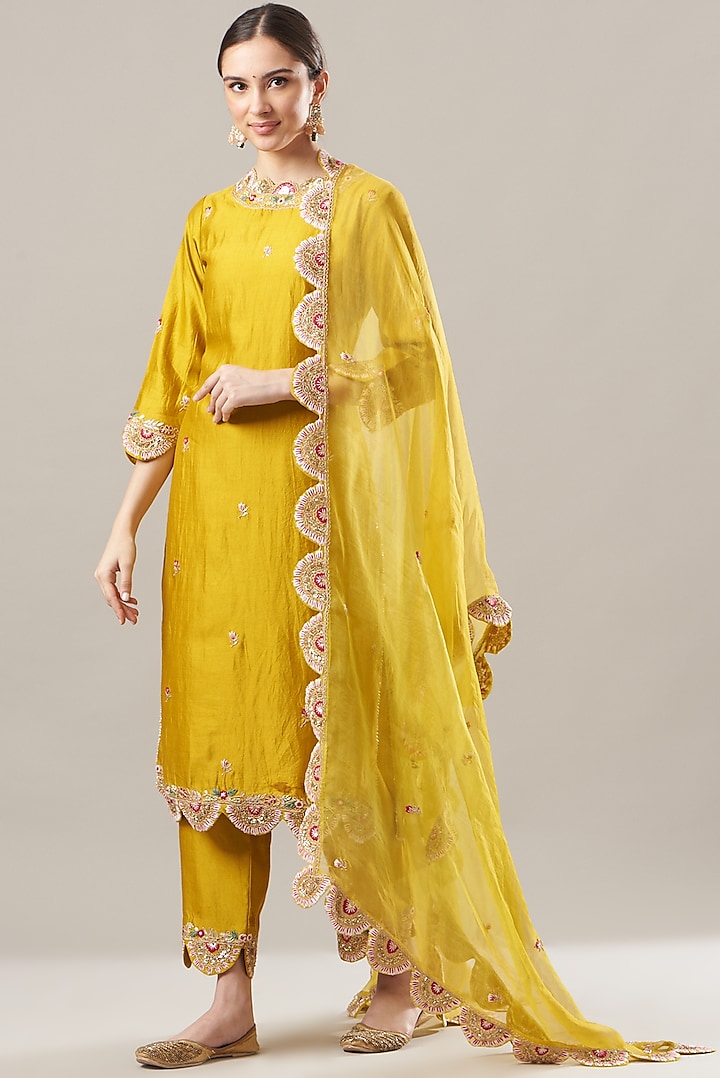 Mustard-Green Embroidered Kurta Set by SURBHI SHAH at Pernia's Pop Up Shop