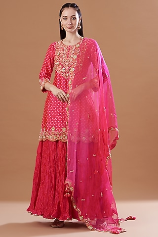 Red Silk Crush Skirt Set by SURBHI SHAH