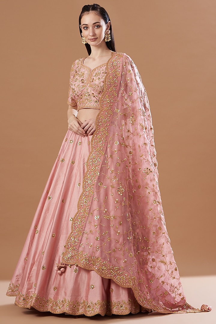 Rose Gold Embroidered Wedding Lehenga Set by SURBHI SHAH at Pernia's Pop Up Shop