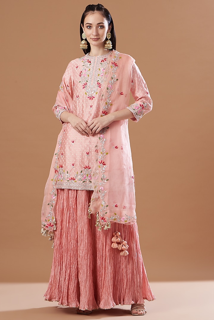 Light Pink Crush Silk Skirt Set by SURBHI SHAH