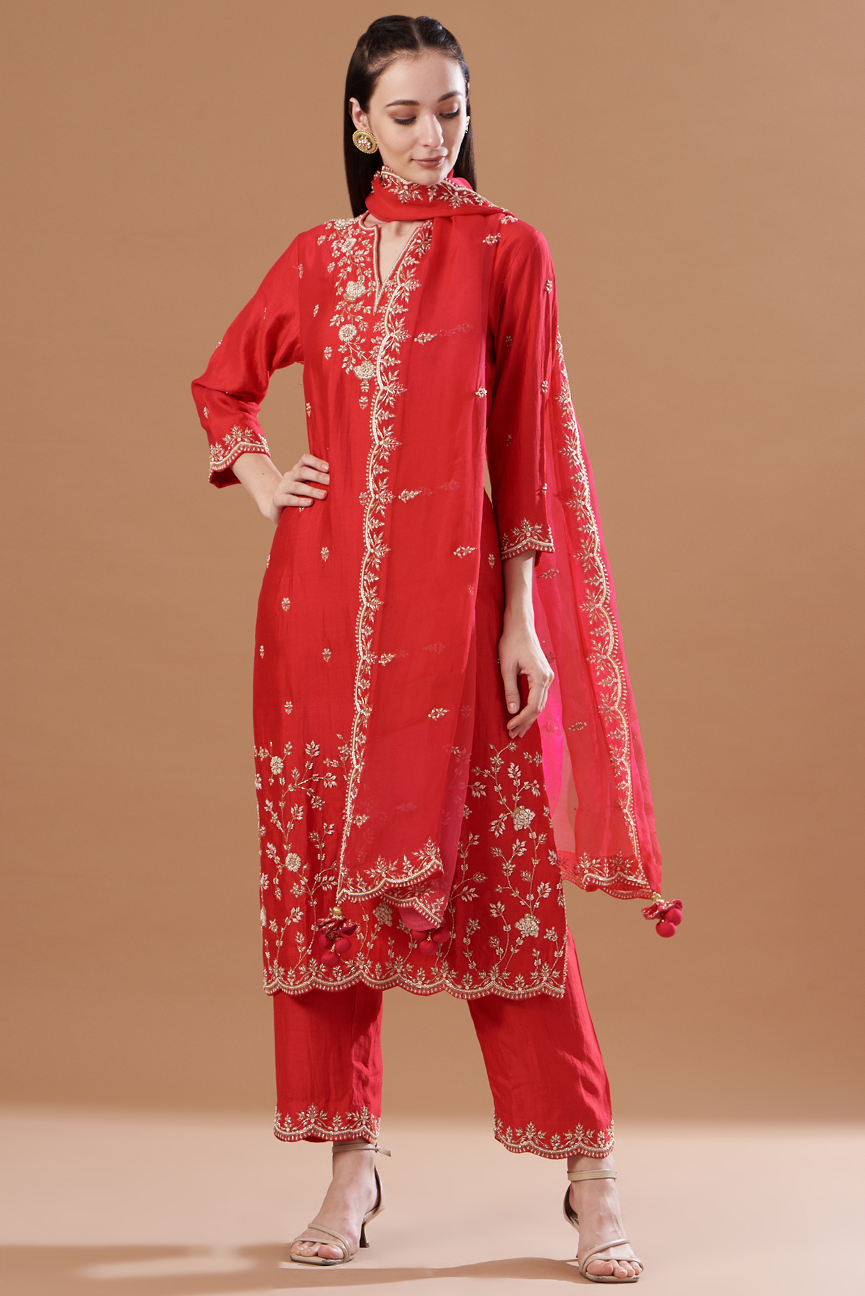 Red Hand Embroidered Kurta Set by SURBHI SHAH at Pernia's Pop Up Shop
