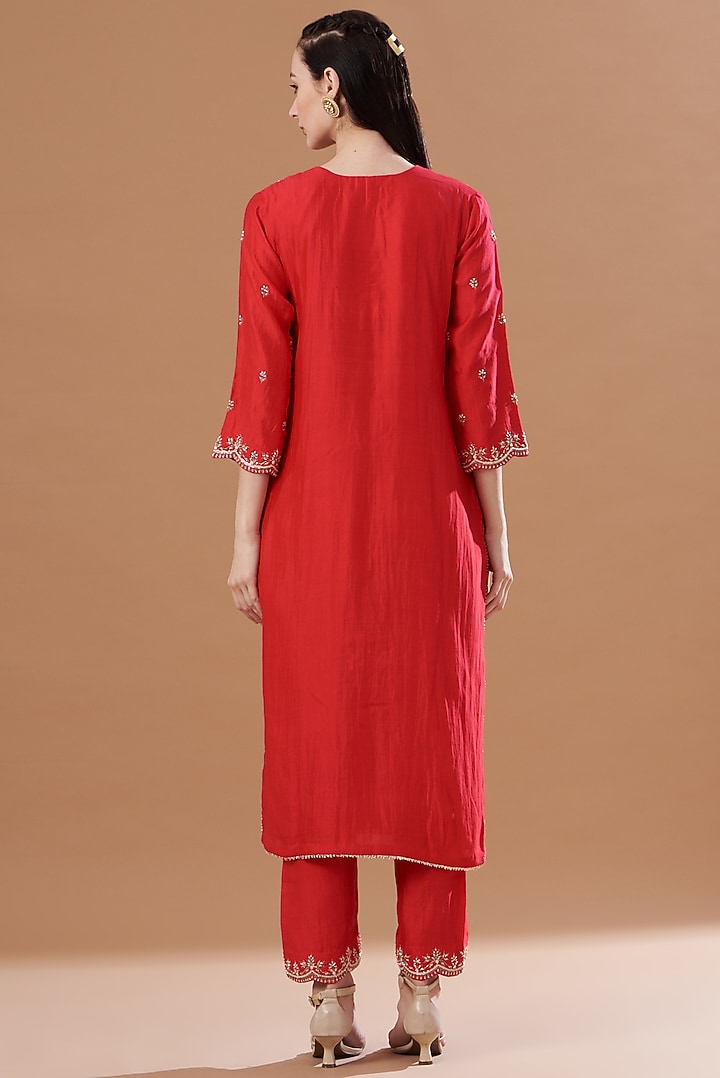Red Hand Embroidered Kurta Set by SURBHI SHAH at Pernia's Pop Up Shop