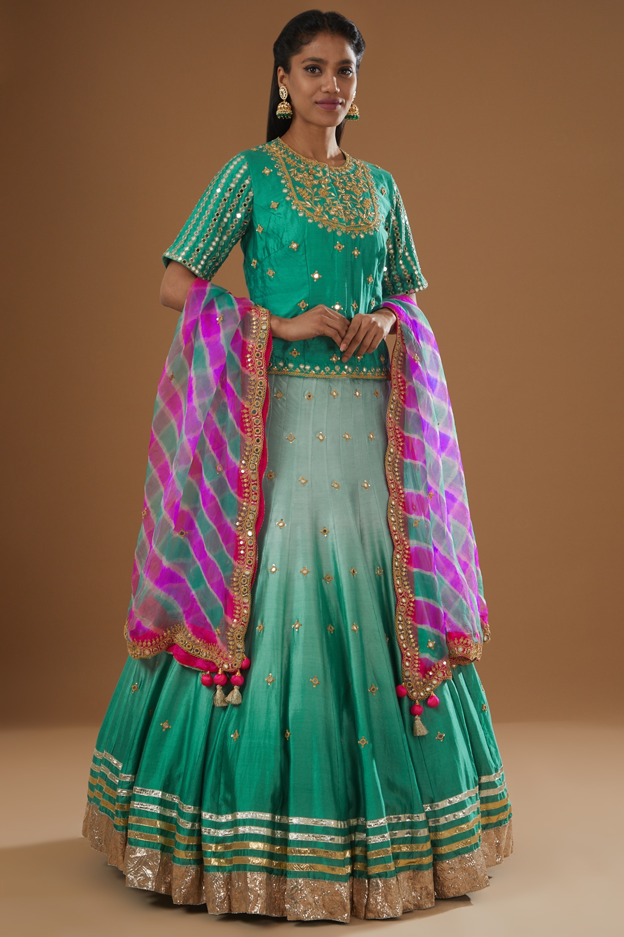 Buy Green Raw Silk And Net Floral & Zardozi V Bridal Lehenga Set For Women  by Anushree Reddy Online at Aza Fashions.