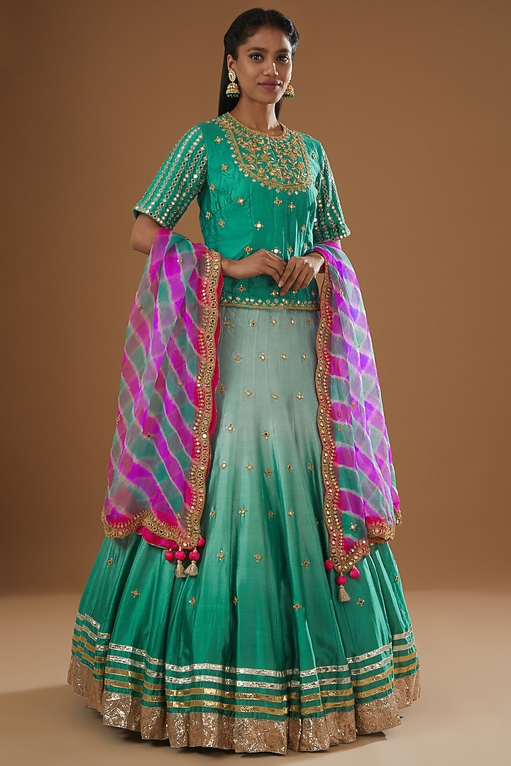 Sea Green Hand Embroidered Wedding Lehenga Set by SURBHI SHAH at Pernia's Pop Up Shop