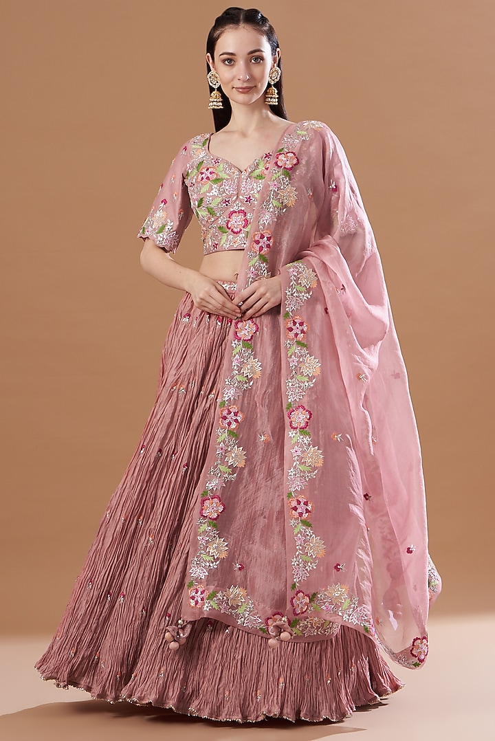 Rose Gold Embroidered Wedding Lehenga Set by SURBHI SHAH at Pernia's Pop Up Shop