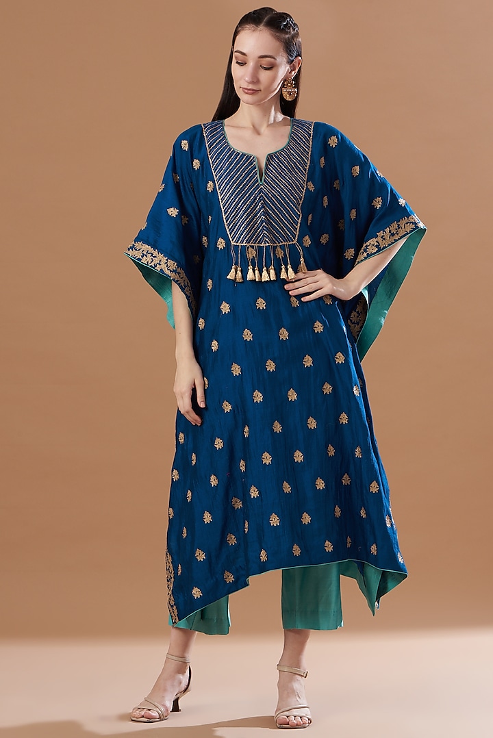 Teal Blue Embroidered Kaftan Set by SURBHI SHAH at Pernia's Pop Up Shop