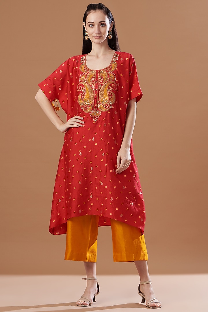 Red Embroidered Kaftan Set by SURBHI SHAH