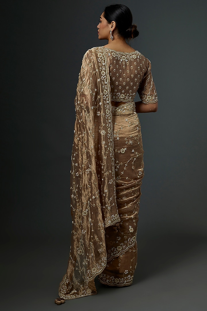 Dull Gold Embroidered Reception Saree Set by SURBHI SHAH at Pernia's Pop Up Shop