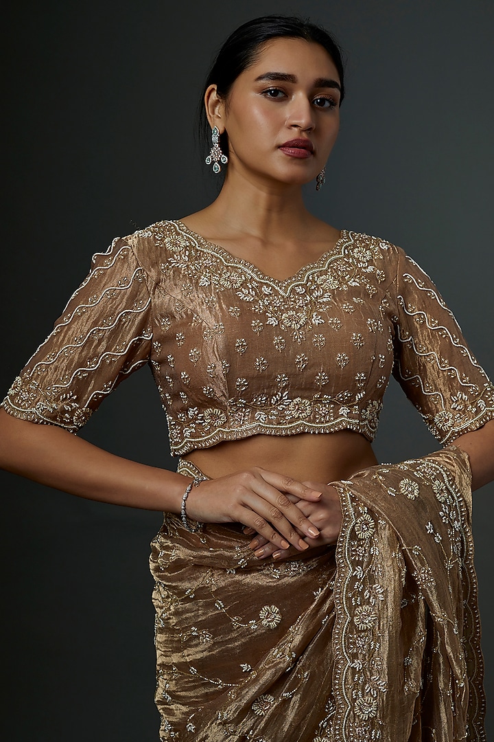 Dull Gold Embroidered Reception Saree Set by SURBHI SHAH at Pernia's Pop Up Shop