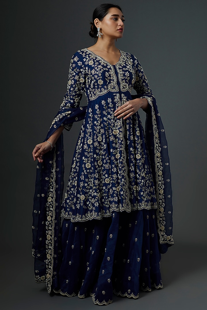 Deep Blue Embroidered Bridal Sharara Set by SURBHI SHAH at Pernia's Pop Up Shop