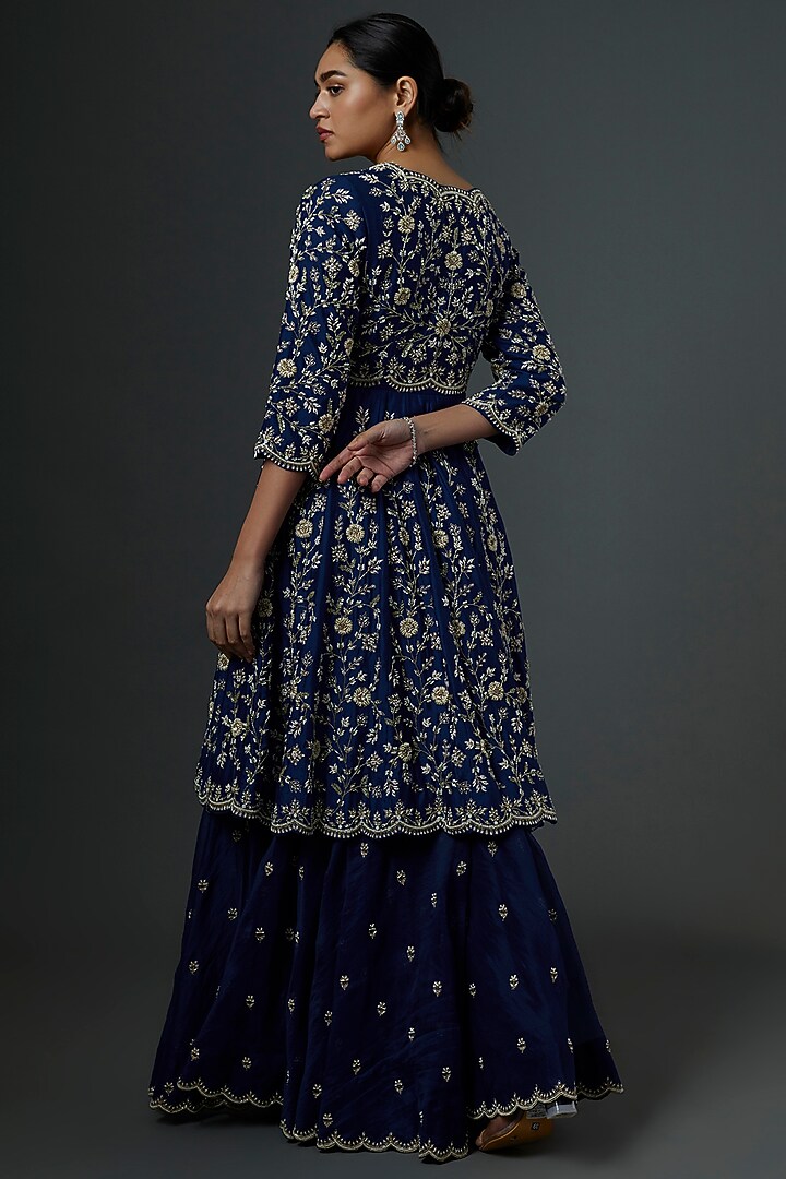 Deep Blue Embroidered Bridal Sharara Set by SURBHI SHAH at Pernia's Pop Up Shop