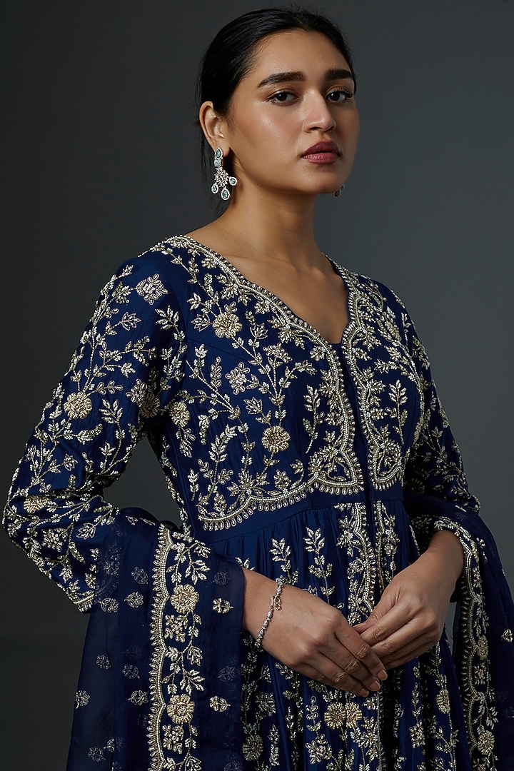 Deep Blue Embroidered Bridal Sharara Set by SURBHI SHAH at Pernia's Pop Up Shop