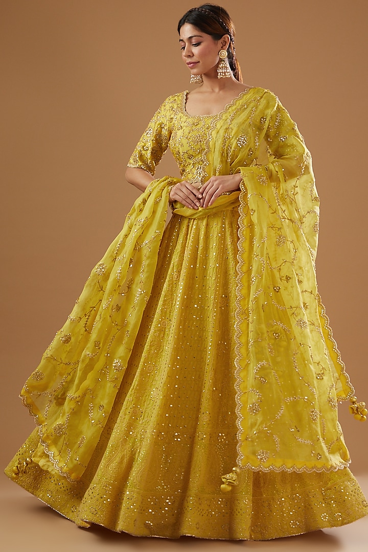 Yellow Pure Spun Silk Hand Embroidered Lucknowi Lehenga Set by SURBHI SHAH