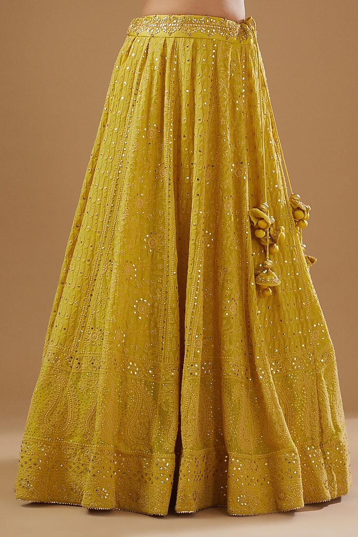 Yellow Pure Spun Silk Hand Embroidered Lucknowi Wedding Lehenga Set by SURBHI SHAH at Pernia's Pop Up Shop