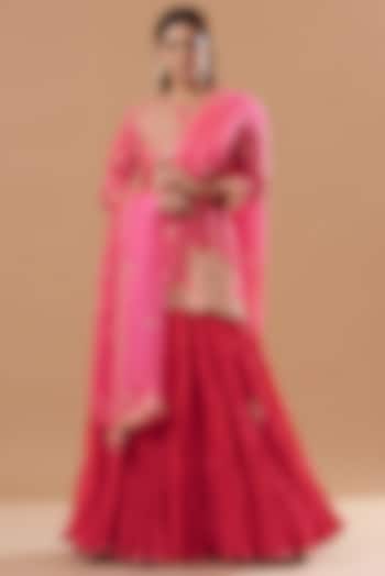 Red Crushed Skirt Set by SURBHI SHAH
